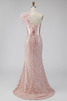 Load image into Gallery viewer, Sparkly Pink One Shoulder Mermaid Corset Long Prom Dress with Slit