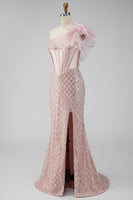 Load image into Gallery viewer, Sparkly Pink One Shoulder Mermaid Corset Long Prom Dress with Slit