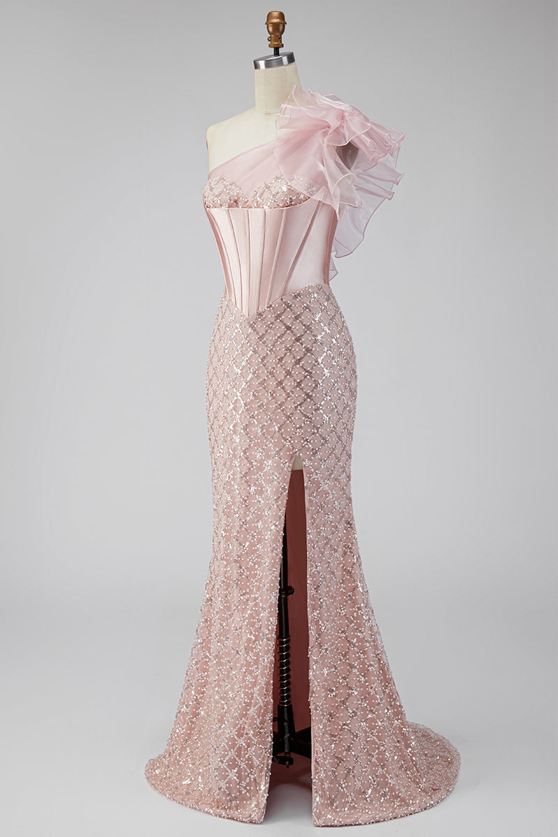 Load image into Gallery viewer, Sparkly Pink One Shoulder Mermaid Corset Long Prom Dress with Slit