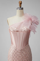 Load image into Gallery viewer, Sparkly Pink One Shoulder Mermaid Corset Long Prom Dress with Slit