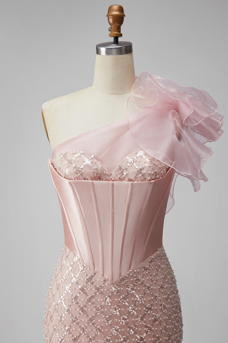 Load image into Gallery viewer, Sparkly Pink One Shoulder Mermaid Corset Long Prom Dress with Slit