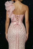 Load image into Gallery viewer, Sparkly Pink One Shoulder Mermaid Corset Long Prom Dress with Slit