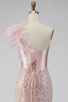 Load image into Gallery viewer, Sparkly Pink One Shoulder Mermaid Corset Long Prom Dress with Slit