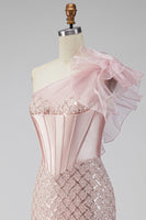 Load image into Gallery viewer, Sparkly Pink One Shoulder Mermaid Corset Long Prom Dress with Slit