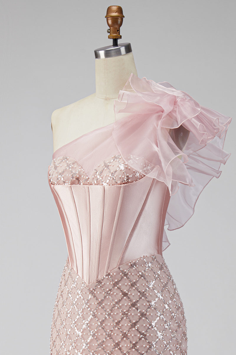 Load image into Gallery viewer, Sparkly Pink One Shoulder Mermaid Corset Long Prom Dress with Slit