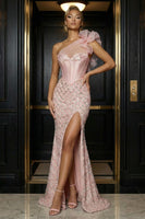 Load image into Gallery viewer, Sparkly Pink One Shoulder Mermaid Corset Long Prom Dress with Slit