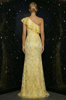 Load image into Gallery viewer, Sparkly Yellow Mermaid Floral Ruffled Long Prom Dress with Slit