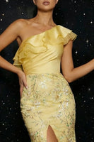 Load image into Gallery viewer, Sparkly Yellow Mermaid Floral Ruffled Long Prom Dress with Slit