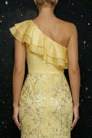 Load image into Gallery viewer, Sparkly Yellow Mermaid Floral Ruffled Long Prom Dress with Slit