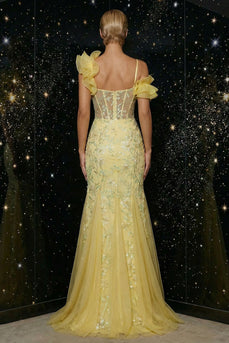 Sparkly Mermaid Corset Yellow Floral Ruffled Long Prom Dress with Slit