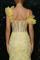 Load image into Gallery viewer, Sparkly Mermaid Corset Yellow Floral Ruffled Long Prom Dress with Slit