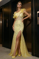 Load image into Gallery viewer, Sparkly Mermaid Corset Yellow Floral Ruffled Long Prom Dress with Slit