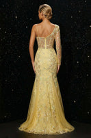 Load image into Gallery viewer, Sparkly Yellow Mermaid Floral Corset One Sleeve Long Prom Dress with Slit