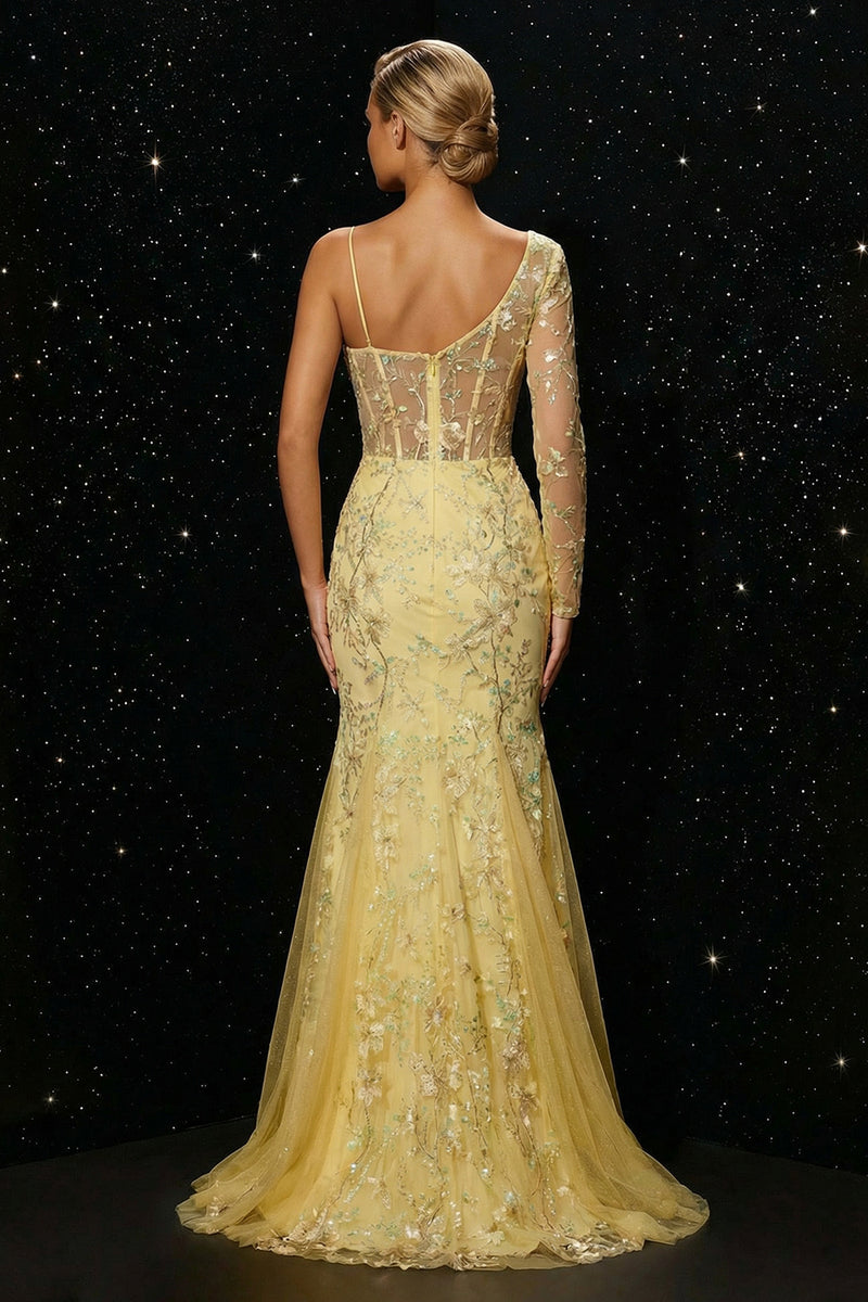 Load image into Gallery viewer, Sparkly Yellow Mermaid Floral Corset One Sleeve Long Prom Dress with Slit