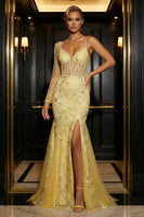 Load image into Gallery viewer, Sparkly Yellow Mermaid Floral Corset One Sleeve Long Prom Dress with Slit