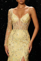 Load image into Gallery viewer, Sparkly Yellow Mermaid Floral Corset One Sleeve Long Prom Dress with Slit