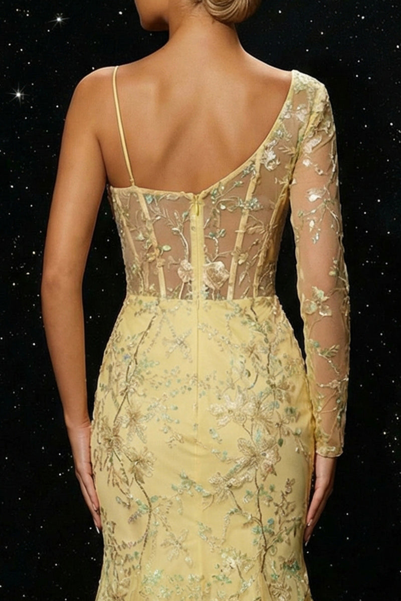 Load image into Gallery viewer, Sparkly Yellow Mermaid Floral Corset One Sleeve Long Prom Dress with Slit