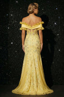 Load image into Gallery viewer, Sparkly Off the Shoulder Yellow Floral Corset High Low Prom Dress with Ruffles