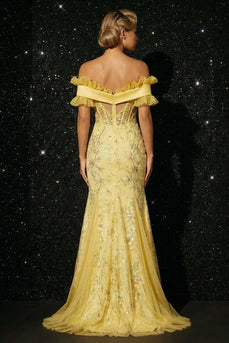 Sparkly Off the Shoulder Yellow Floral Corset High Low Prom Dress with Ruffles