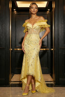 Load image into Gallery viewer, Sparkly Off the Shoulder Yellow Floral Corset High Low Prom Dress with Ruffles