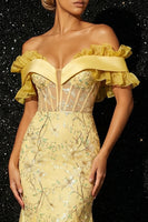 Load image into Gallery viewer, Sparkly Off the Shoulder Yellow Floral Corset High Low Prom Dress with Ruffles