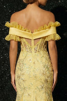 Load image into Gallery viewer, Sparkly Off the Shoulder Yellow Floral Corset High Low Prom Dress with Ruffles