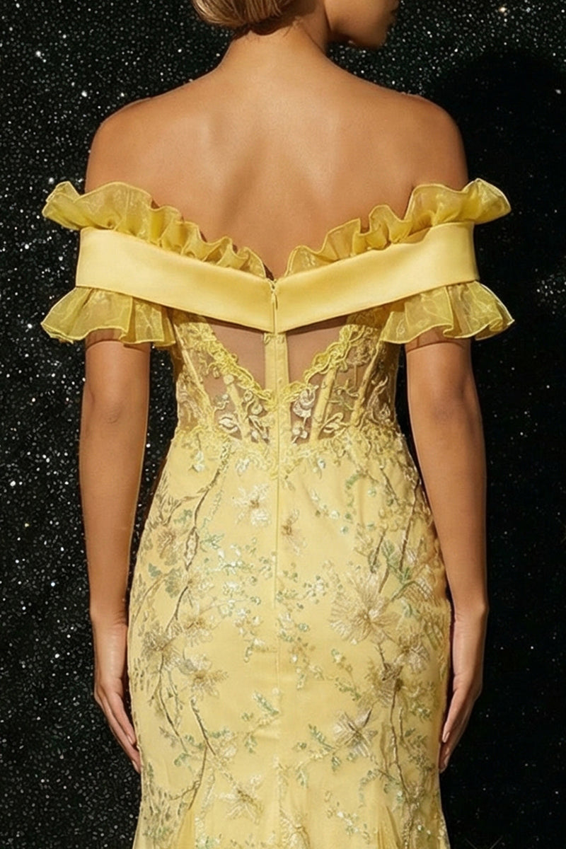 Load image into Gallery viewer, Sparkly Off the Shoulder Yellow Floral Corset High Low Prom Dress with Ruffles
