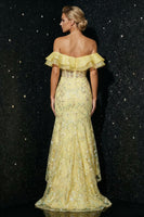 Load image into Gallery viewer, Sparkly Yellow Mermaid Off the Shoulder Floral Corset High Low Prom Dress