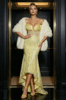 Load image into Gallery viewer, Sparkly Yellow Mermaid Off the Shoulder Floral Corset High Low Prom Dress