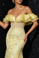 Load image into Gallery viewer, Sparkly Yellow Mermaid Off the Shoulder Floral Corset High Low Prom Dress