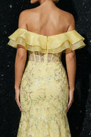 Load image into Gallery viewer, Sparkly Yellow Mermaid Off the Shoulder Floral Corset High Low Prom Dress