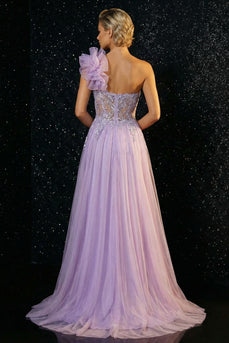Purple One Shoulder Ruffled Mermaid Long Prom Dress with Slit