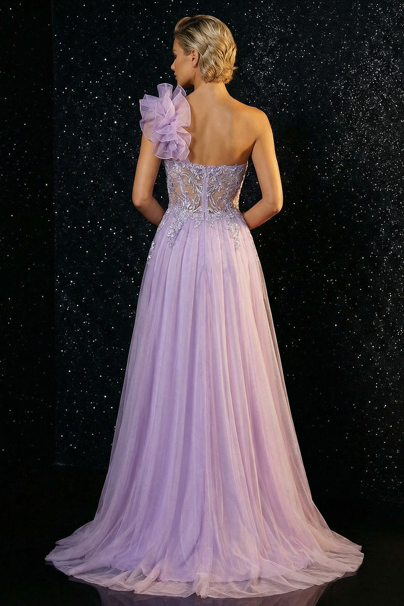 Load image into Gallery viewer, Purple One Shoulder Ruffled Mermaid Long Prom Dress with Slit