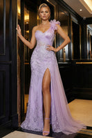 Load image into Gallery viewer, Purple One Shoulder Ruffled Mermaid Long Prom Dress with Slit