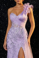 Load image into Gallery viewer, Purple One Shoulder Ruffled Mermaid Long Prom Dress with Slit