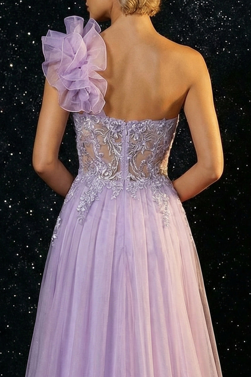 Load image into Gallery viewer, Purple One Shoulder Ruffled Mermaid Long Prom Dress with Slit