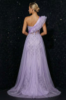 Load image into Gallery viewer, Purple Mermaid Corset Ruffled One Shoulder Long Prom Dress with Cape