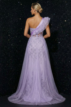 Purple Mermaid Corset Ruffled One Shoulder Long Prom Dress with Cape