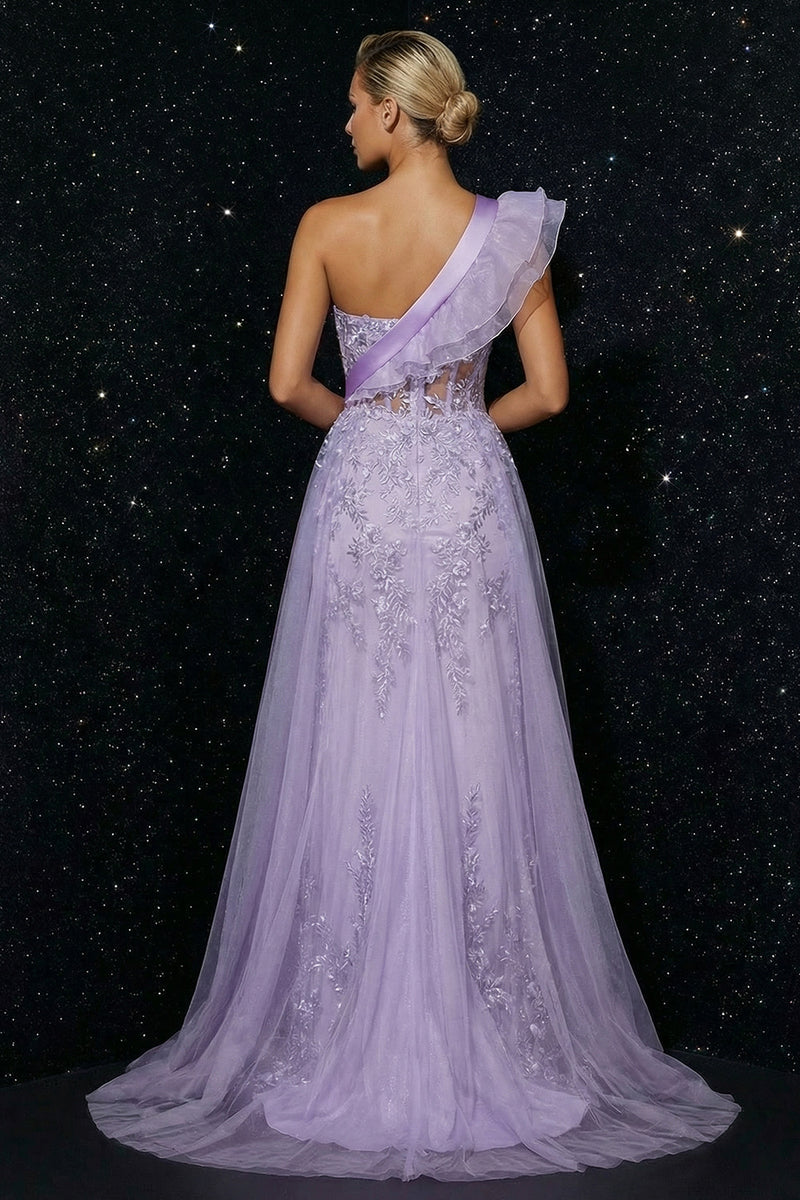 Load image into Gallery viewer, Purple Mermaid Corset Ruffled One Shoulder Long Prom Dress with Cape