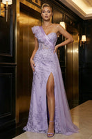 Load image into Gallery viewer, Purple Mermaid Corset Ruffled One Shoulder Long Prom Dress with Cape