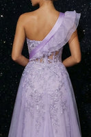 Load image into Gallery viewer, Purple Mermaid Corset Ruffled One Shoulder Long Prom Dress with Cape