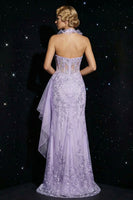 Load image into Gallery viewer, Halter Purple Mermaid Corset Floral Ruffled Long Prom Dress with Slit
