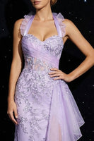 Load image into Gallery viewer, Halter Purple Mermaid Corset Floral Ruffled Long Prom Dress with Slit
