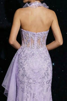Load image into Gallery viewer, Halter Purple Mermaid Corset Floral Ruffled Long Prom Dress with Slit