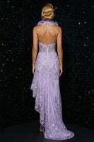 Load image into Gallery viewer, Halter Purple Floral Mermaid Corset Ruffled Asymmetrical Prom Dress