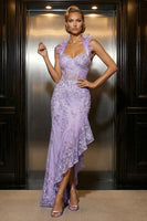 Load image into Gallery viewer, Halter Purple Floral Mermaid Corset Ruffled Asymmetrical Prom Dress
