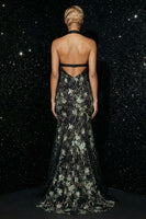 Load image into Gallery viewer, Sparkly Black Halter Floral Corset Mermaid Long Prom Dress with Slit