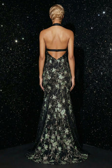 Sparkly Black Halter Floral Corset Mermaid Long Prom Dress with Slit