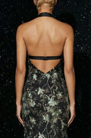 Load image into Gallery viewer, Sparkly Black Halter Floral Corset Mermaid Long Prom Dress with Slit