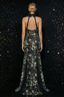 Load image into Gallery viewer, Sparkly Black Mermaid Halter Floral Corset Long Prom Dress with Slit